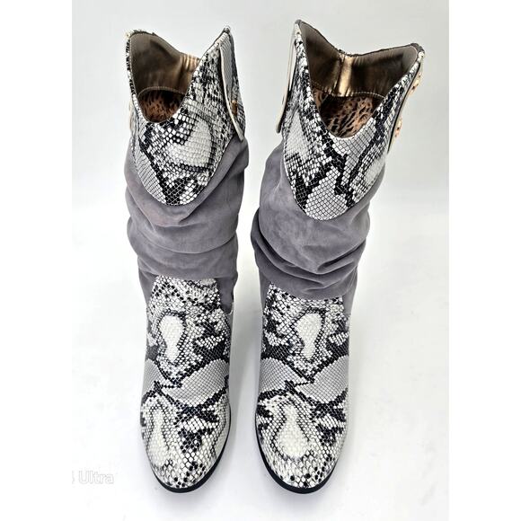 Slouch Mid Calf Boots Snake Pattern Gray Black Faux Leather Women's 37 EU 6.5 US - Picture 4 of 8